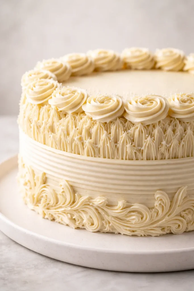 Close-up of ornate buttercream piping designs with rosettes and textured lines on cake