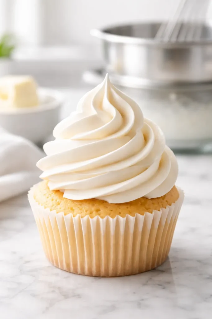 Silky Swiss meringue buttercream swirl on a cupcake with a blurred double boiler in background