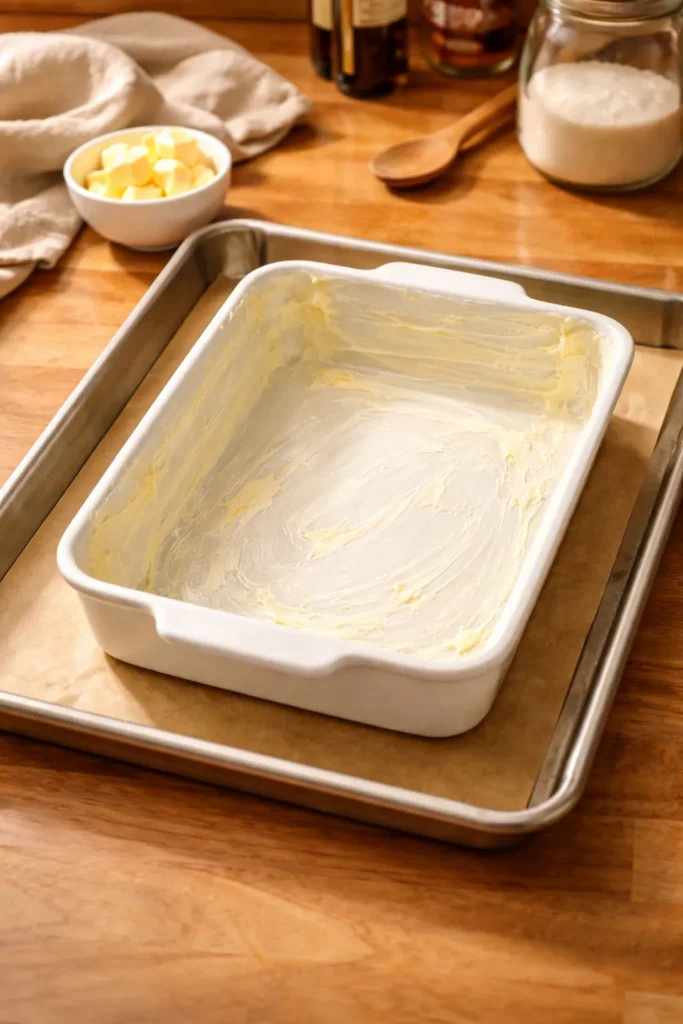 Butter-coated baking dish with sheet pan beneath, ready for baking