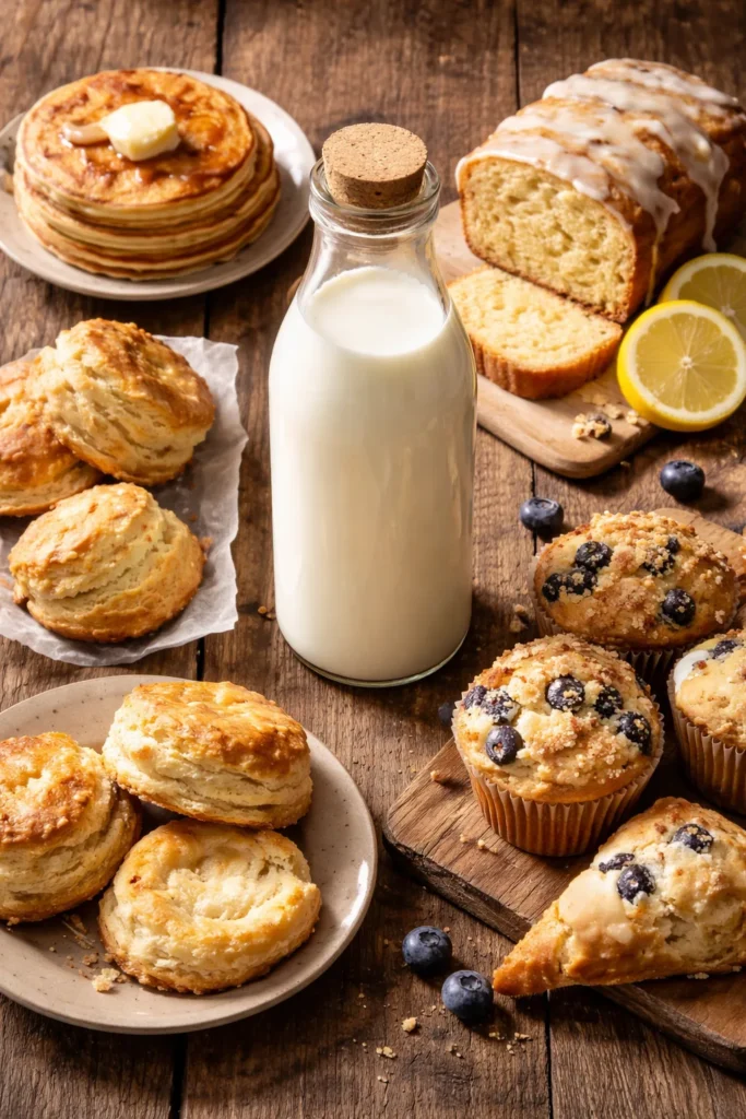 Buttermilk bottle with baked goods on a wooden table in warm light.