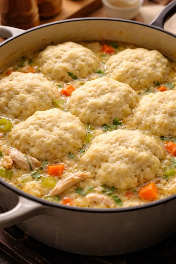Buttermilk biscuit-style dumplings rising in broth