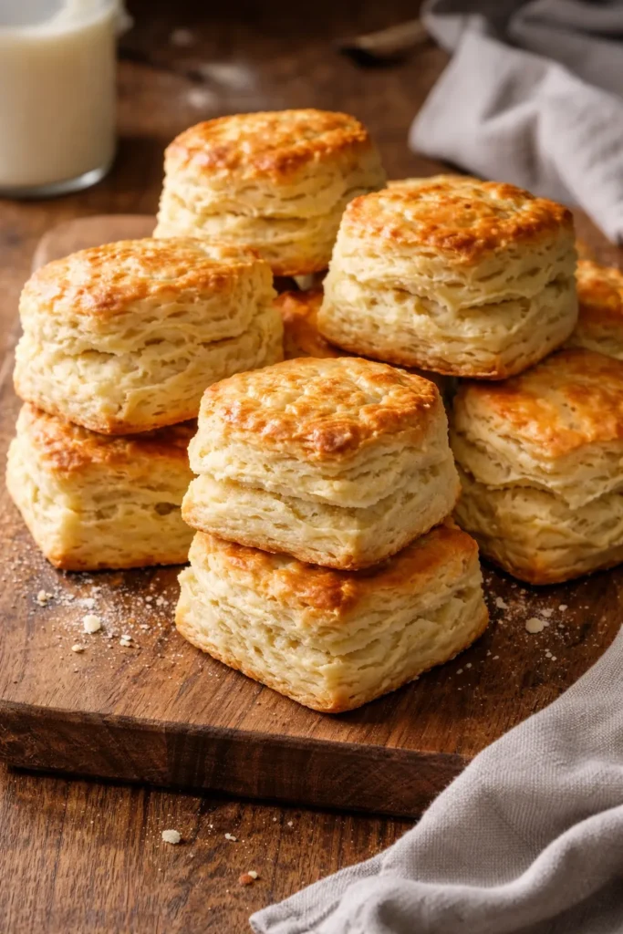 Close-up of flaky buttermilk biscuits with layered texture on a rustic wooden board.