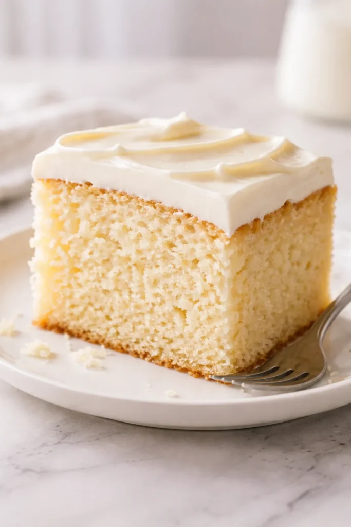 Slice of tender moist vanilla cake with soft crumb on a white plate.