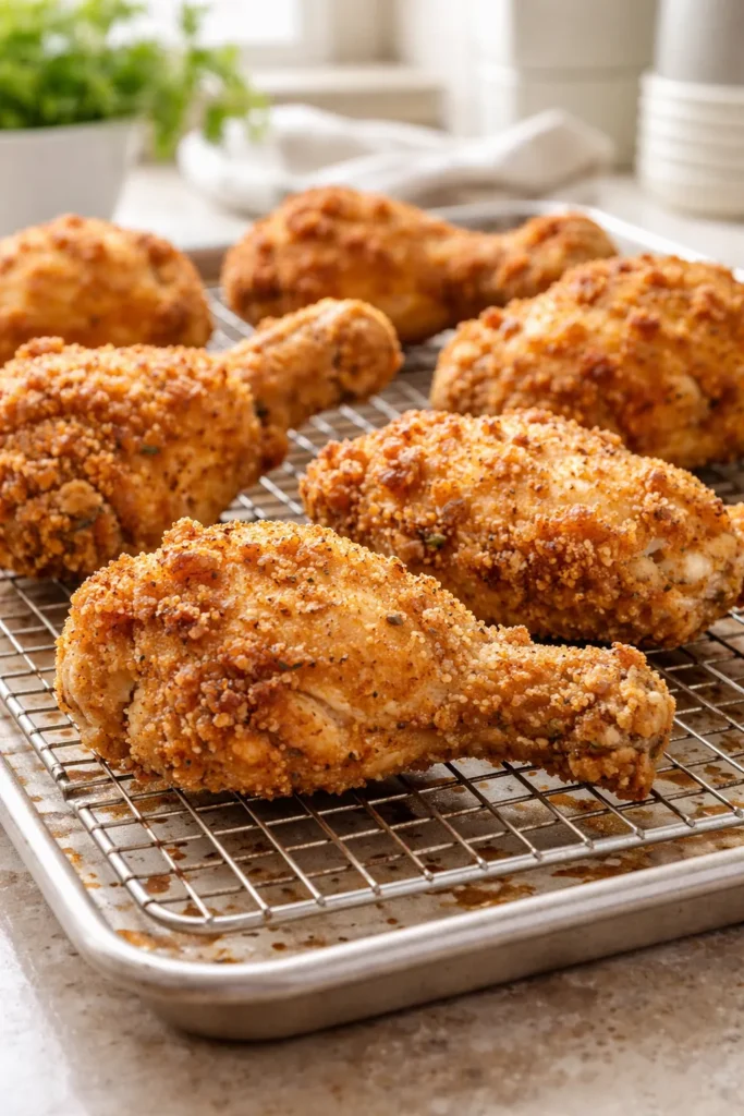 Golden-crusted fried chicken pieces on a wire rack