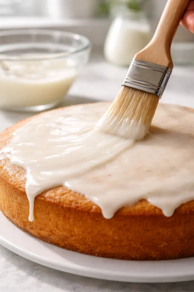 Glossy buttermilk glaze over a cake surface, smooth and inviting.