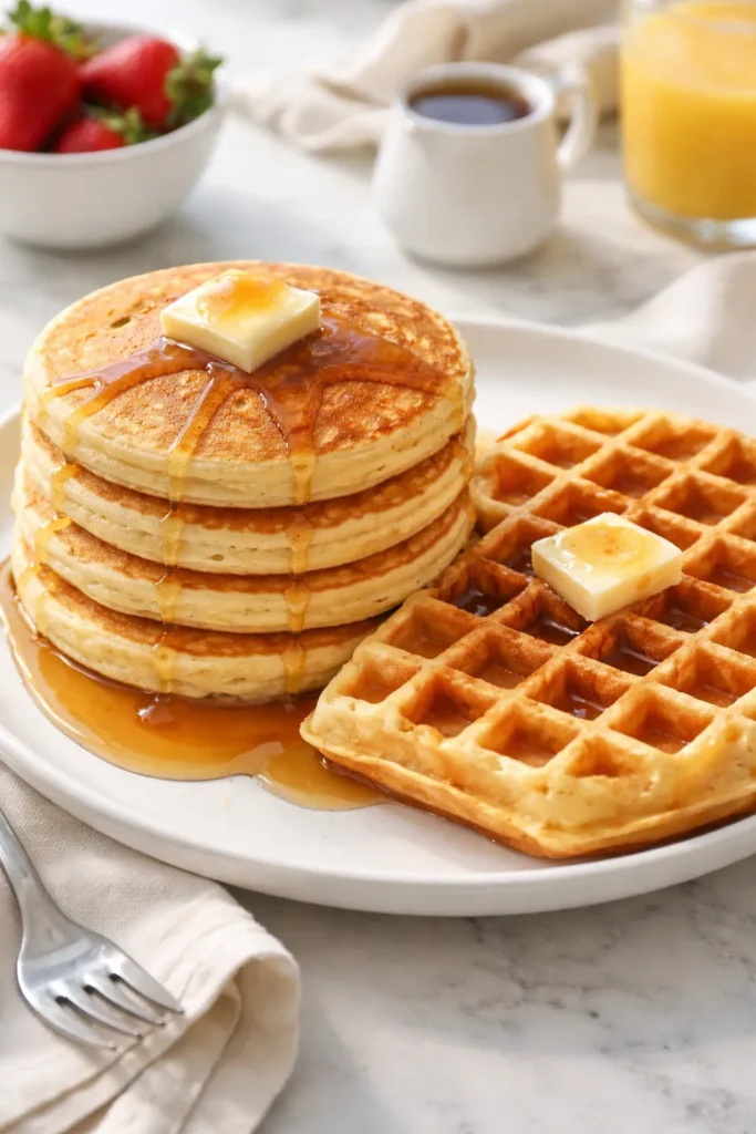 Close-up of fluffy buttermilk pancakes and a waffle on a white plate with syrup, breakfast scene.