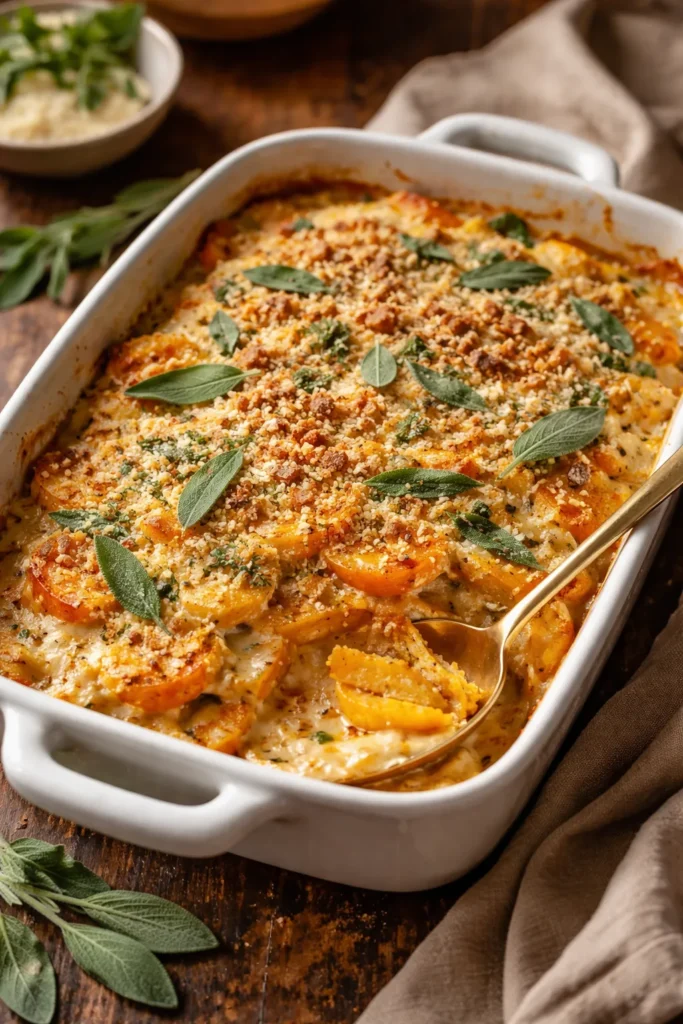 Layered butternut squash gratin with breadcrumb crust and Parmesan in a baking dish