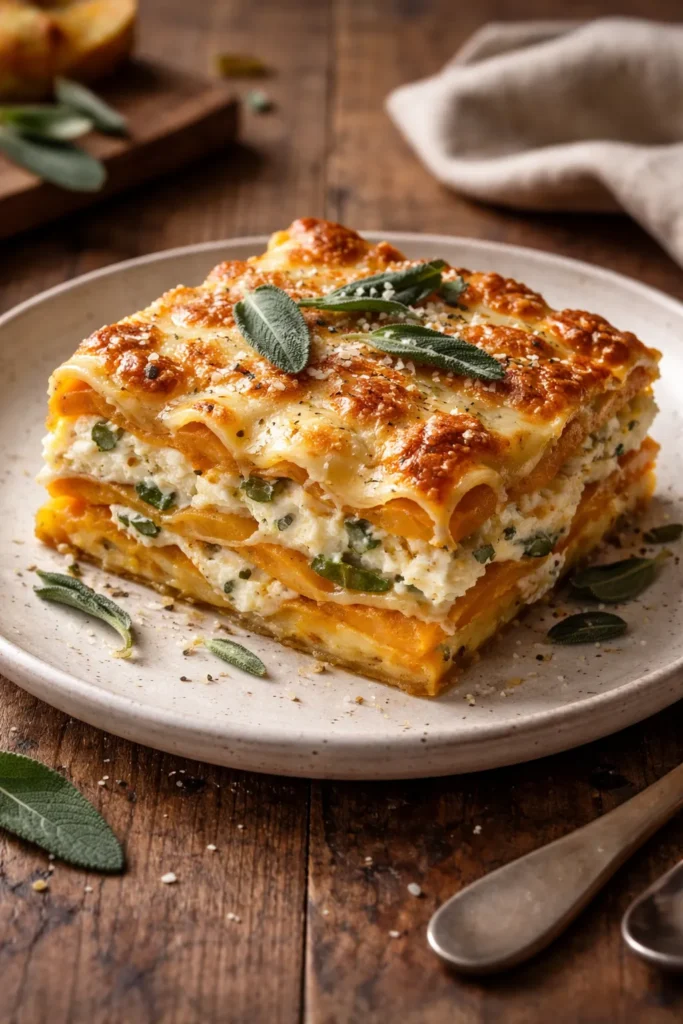 Slice of lasagna with roasted squash, ricotta, and melted cheese.