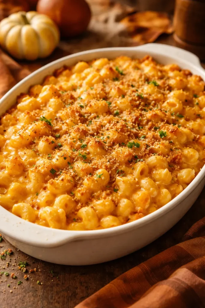 Creamy butternut squash mac and cheese in a baking dish.