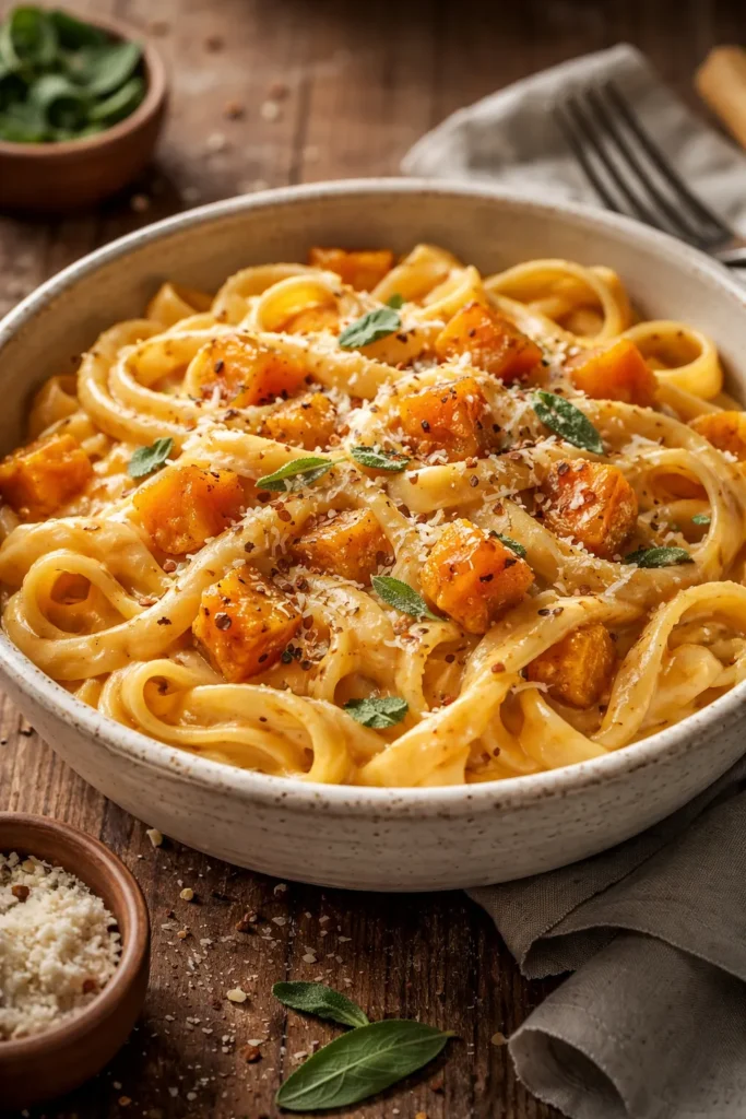 Close-up of creamy butternut squash pasta with amber sauce and roasted squash pieces