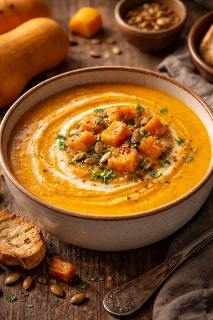 Velvety butternut squash soup in a bowl with roasted squash hints