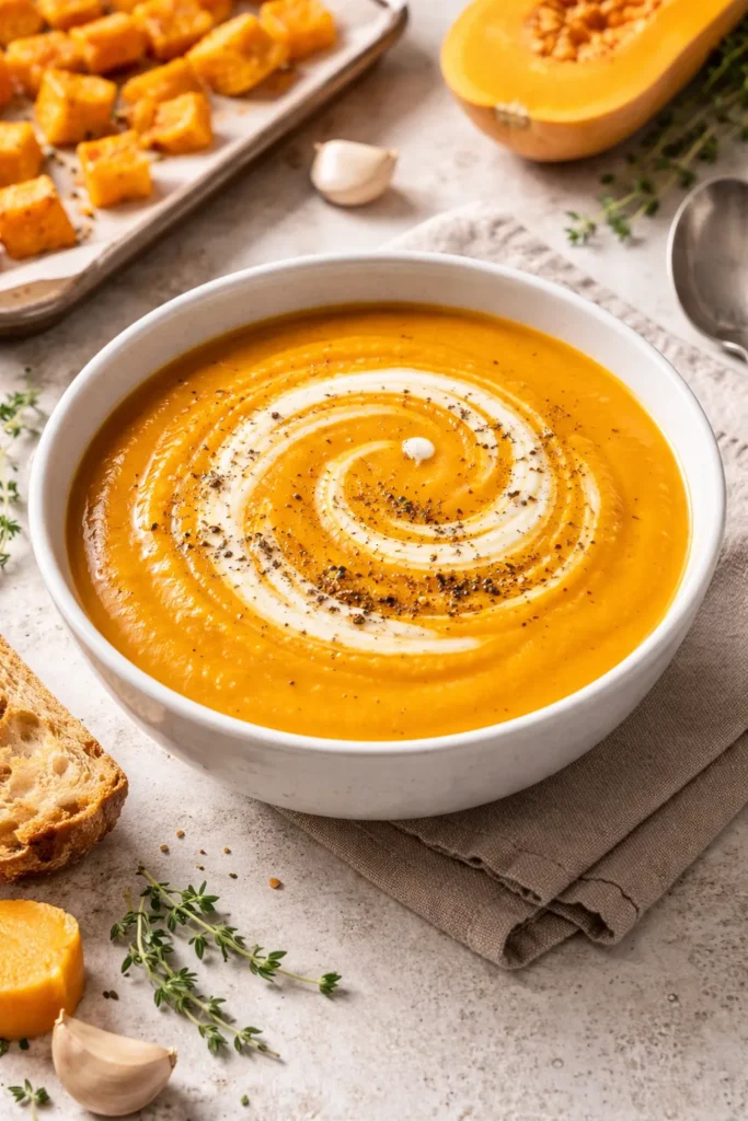 Butternut squash soup in a bowl with a cream swirl on top.