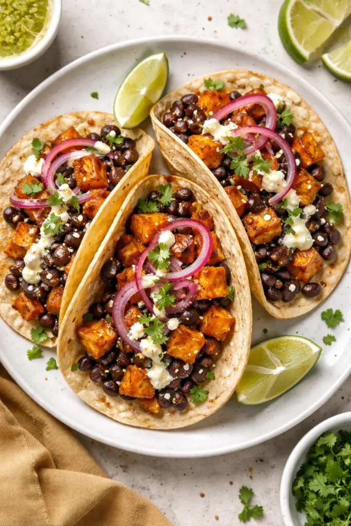 Tacos filled with roasted squash and black beans on corn tortillas