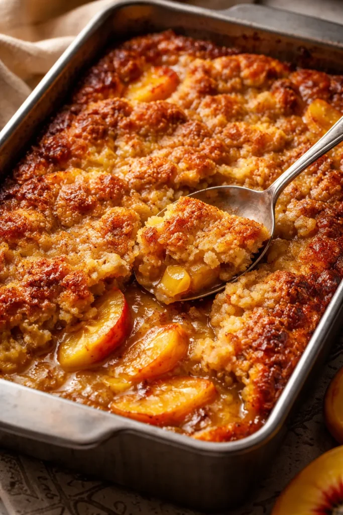 Rich butter-drenched peach cobbler with crispy golden edges and syrupy peaches