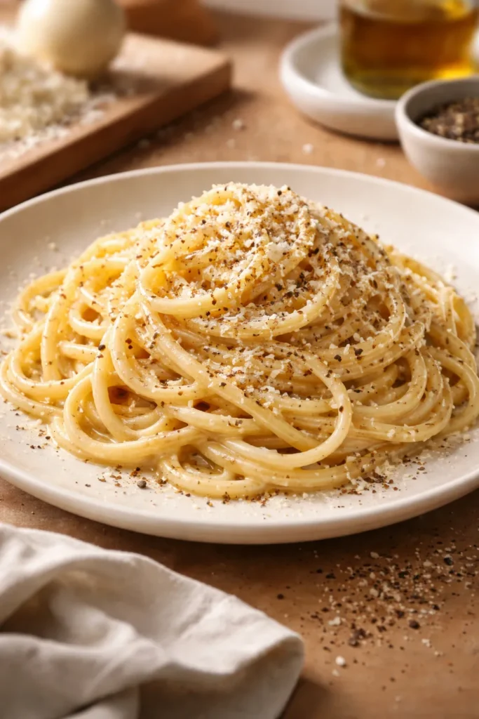 Close-up of glossy cacio e pepe pasta with Pecorino Romano and black pepper