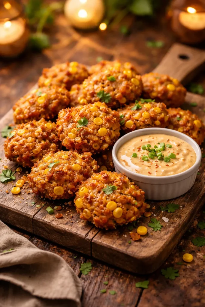 Cajun corn and crab fritters with spicy dipping sauce on wooden board