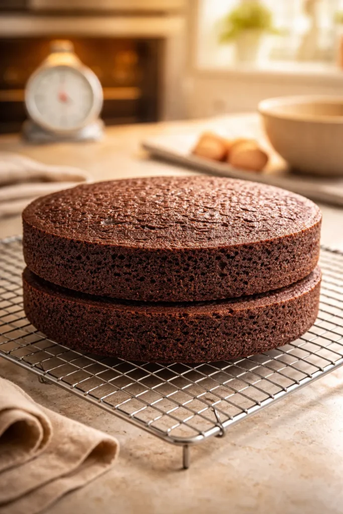 Two-layer keto chocolate cake cooling on a wire rack