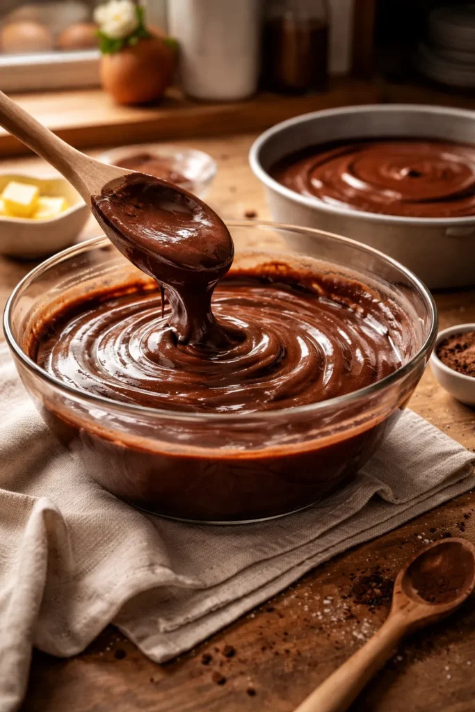 Glossy chocolate batter in a bowl and pan ready for baking