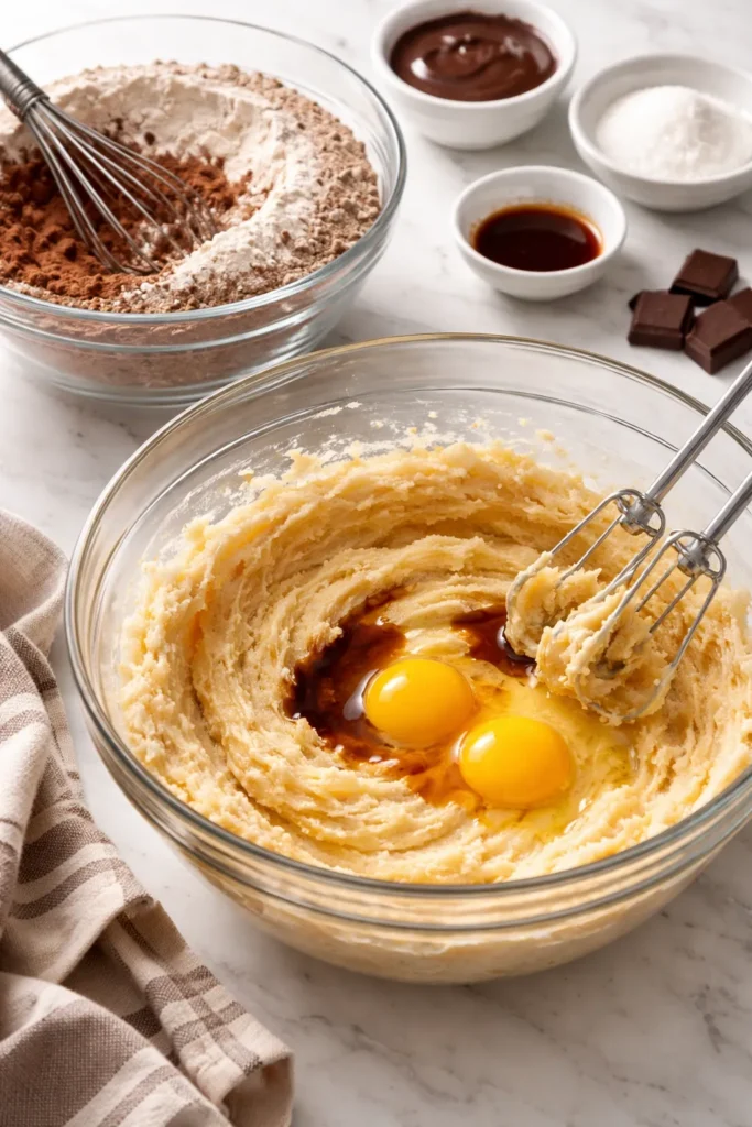 Close-up of creamed butter and sugars in a mixing bowl with a separate bowl of dry ingredients nearby.