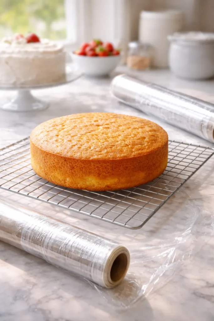 Cake cooling on a rack in bright kitchen