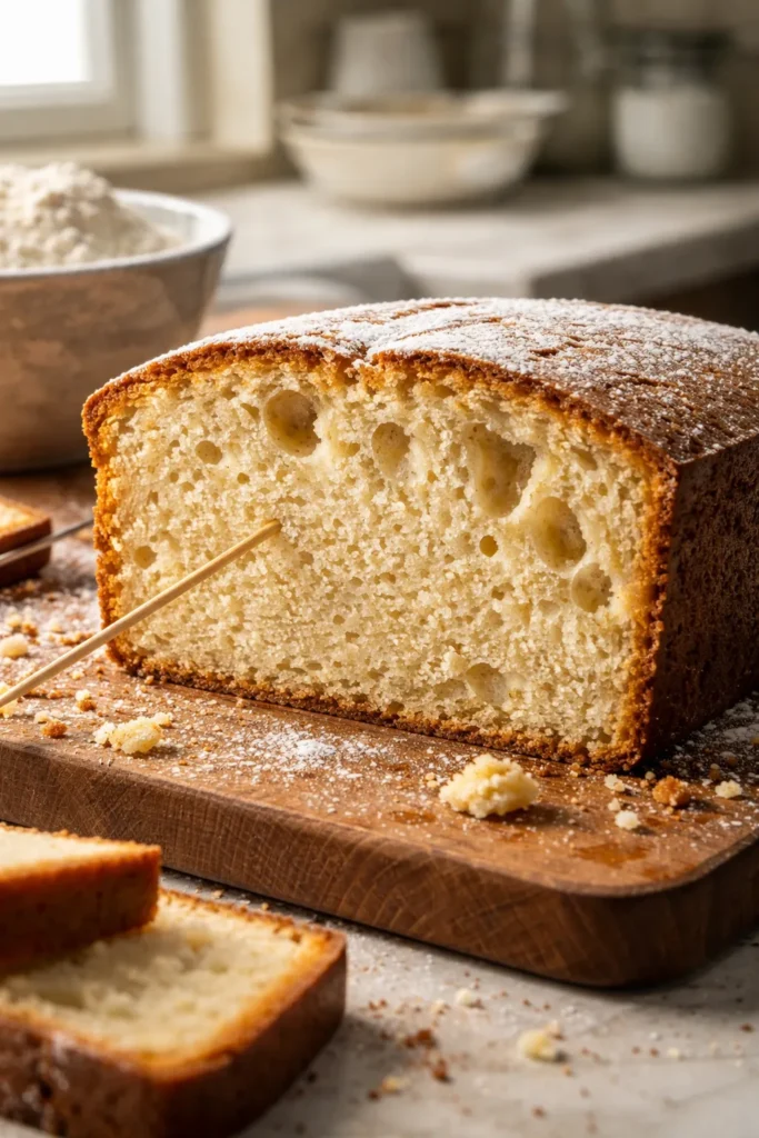 Sliced cake showing crumb texture and air pockets