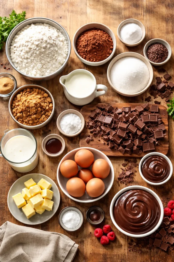Overhead photo of chocolate cake ingredients laid out for baking, including flour, cocoa, sugars, butter, eggs, vanilla, buttermilk and chocolate.
