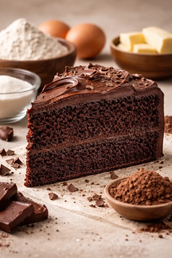 Close-up of a chocolate cake slice with rich crumb and glossy surface