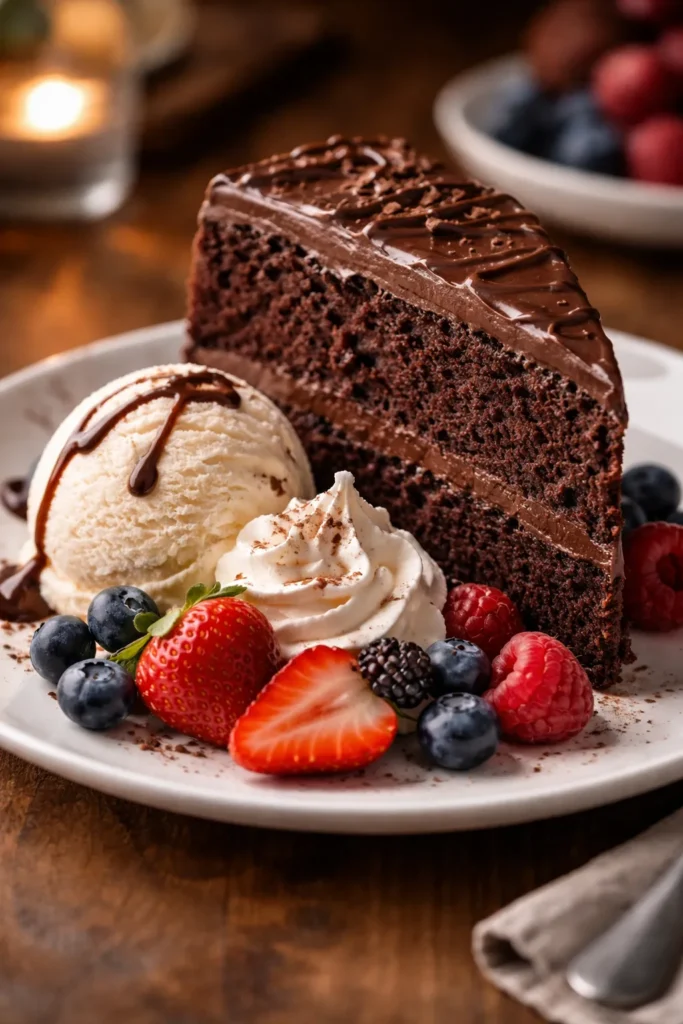 Chocolate cake slice plated with ice cream and berries