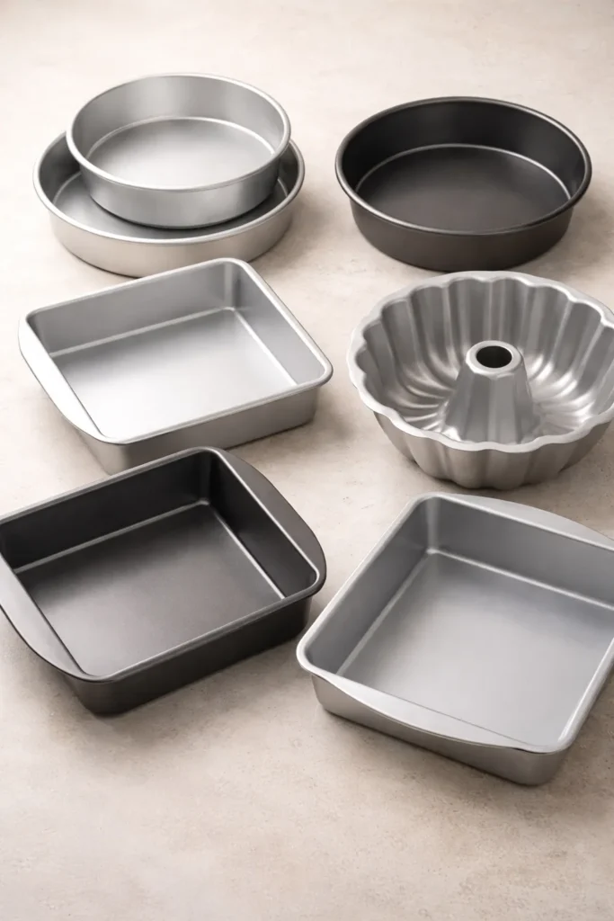 Assorted cake pans arranged to illustrate pan options