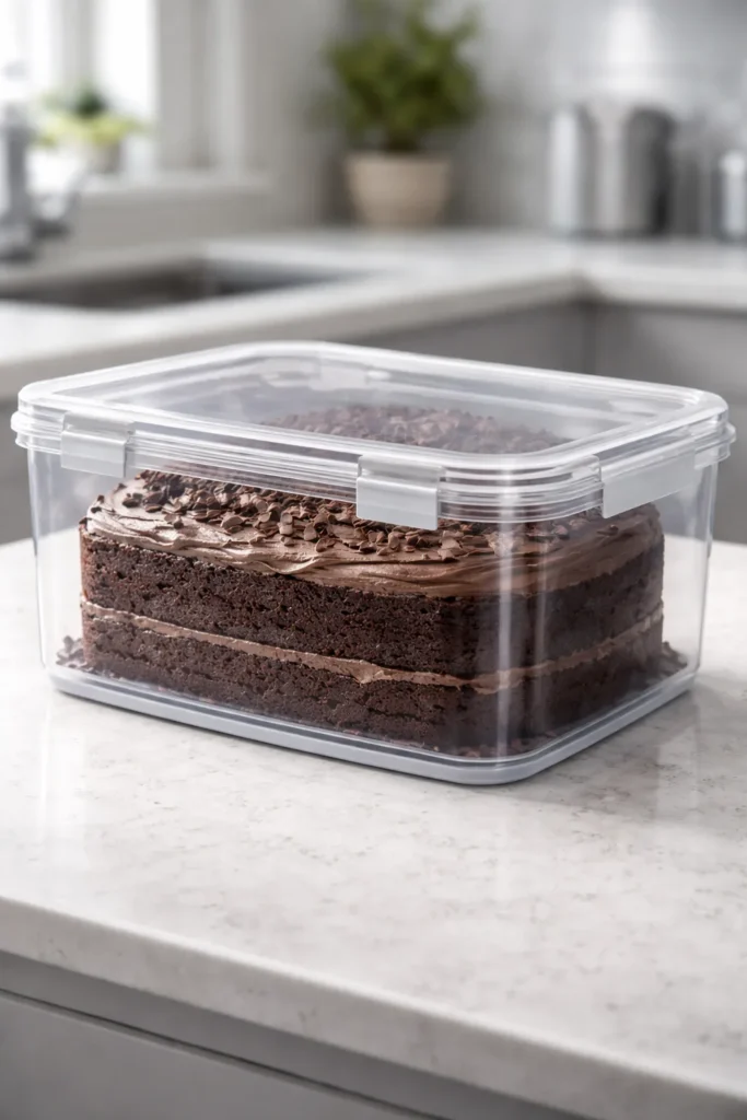 Frosted cake inside airtight container on counter