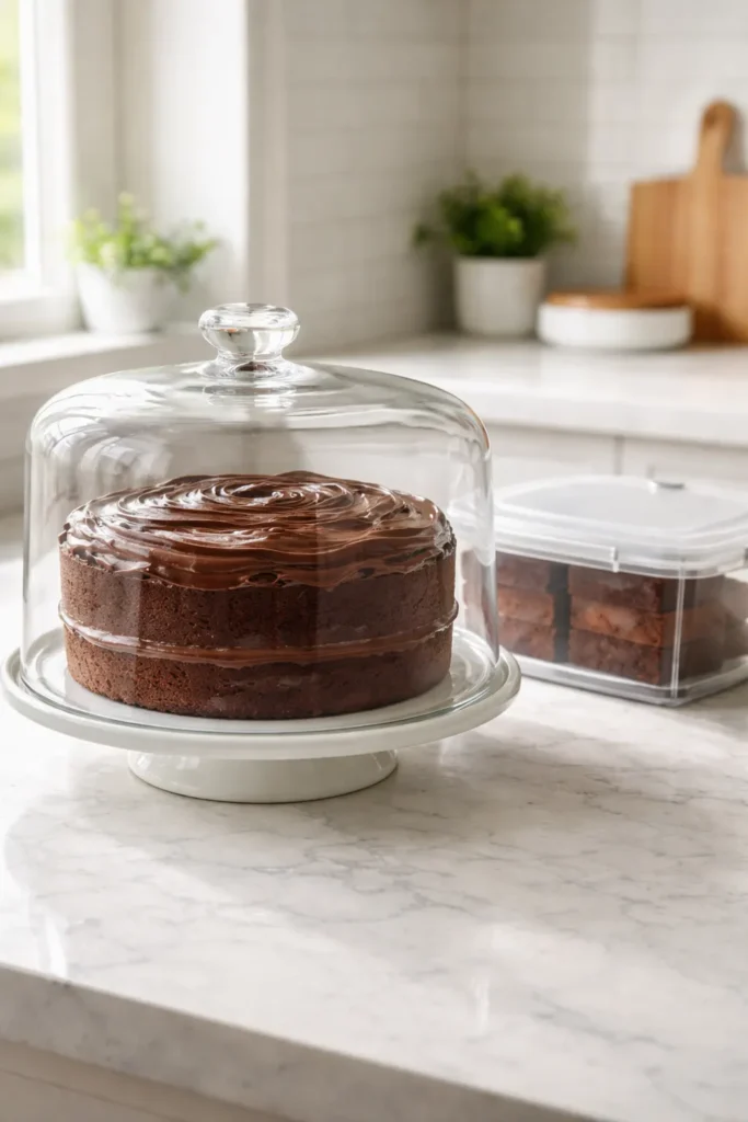 Frosted chocolate cake under glass dome for freshness