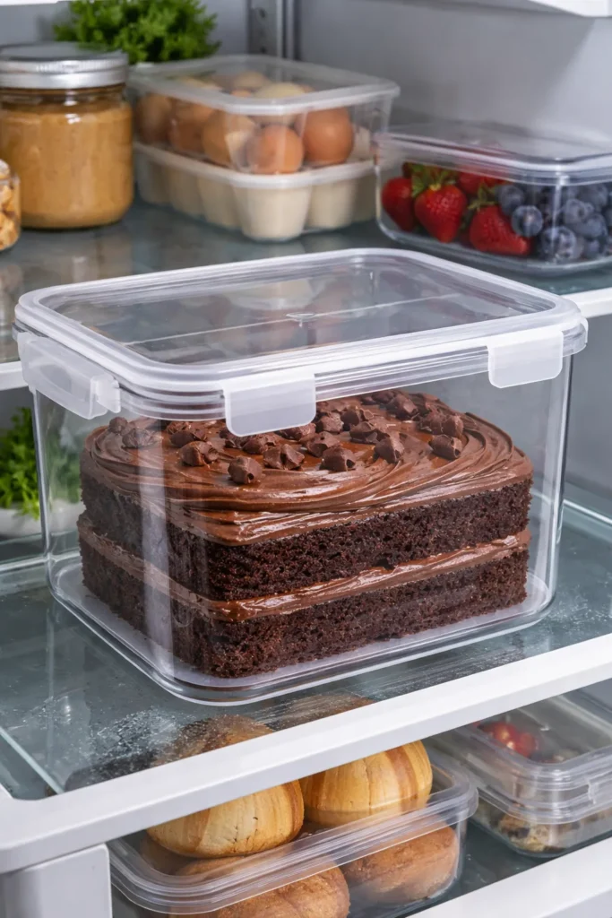 Frosted keto chocolate cake inside a clear container in the fridge