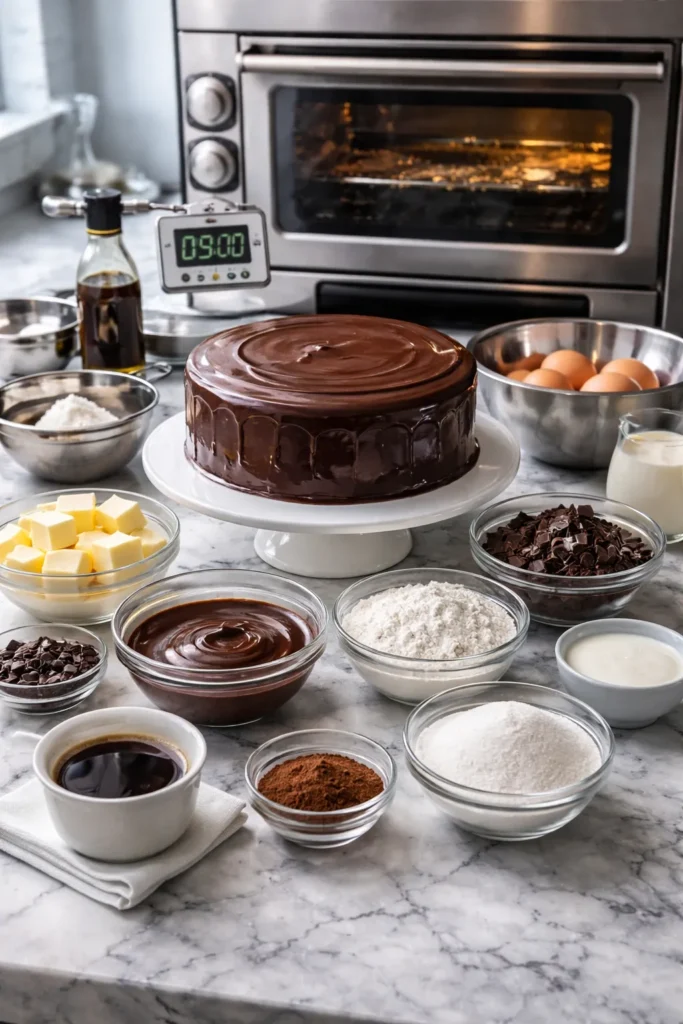 Professional kitchen setup with thermometer and timer for precise chocolate cake baking