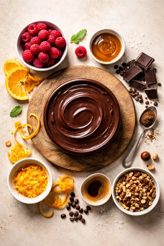 Flat lay of variation ingredients for chocolate cake: zest, berries, nuts, and chocolate shards