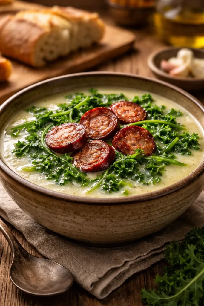 Bowl of Caldo Verde soup with kale ribbons and chouriço