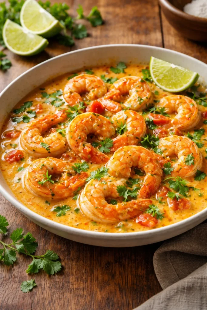 Shrimp in coconut milk sauce in a bowl on a wooden surface
