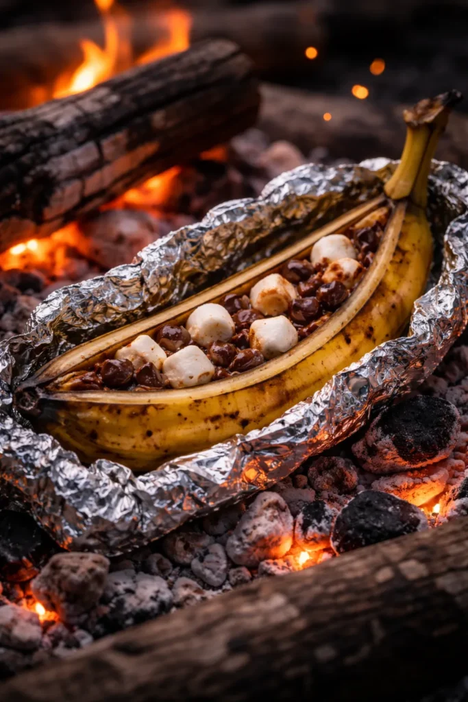 Banana dessert in foil over embers with melted chocolate and marshmallows peeking.