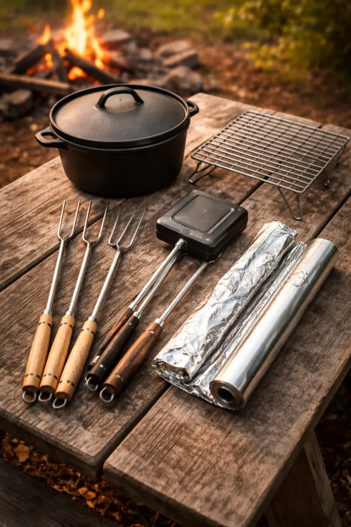 Close-up of essential campfire cooking gear on a wooden surface outdoors: forks, Dutch oven, pie irons, foil, grate.