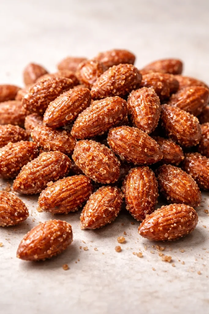 Crunchy candied almonds with glossy caramel coating on neutral background