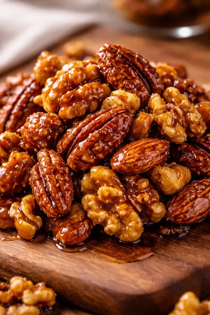 Glossy candied nuts with caramel coating on a reflective surface