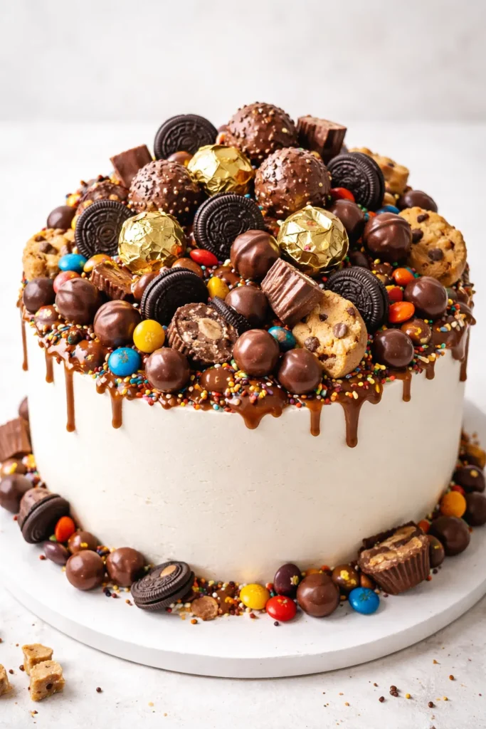 Dense candy and cookie topping on cake with clustered arrangement for visual indulgence