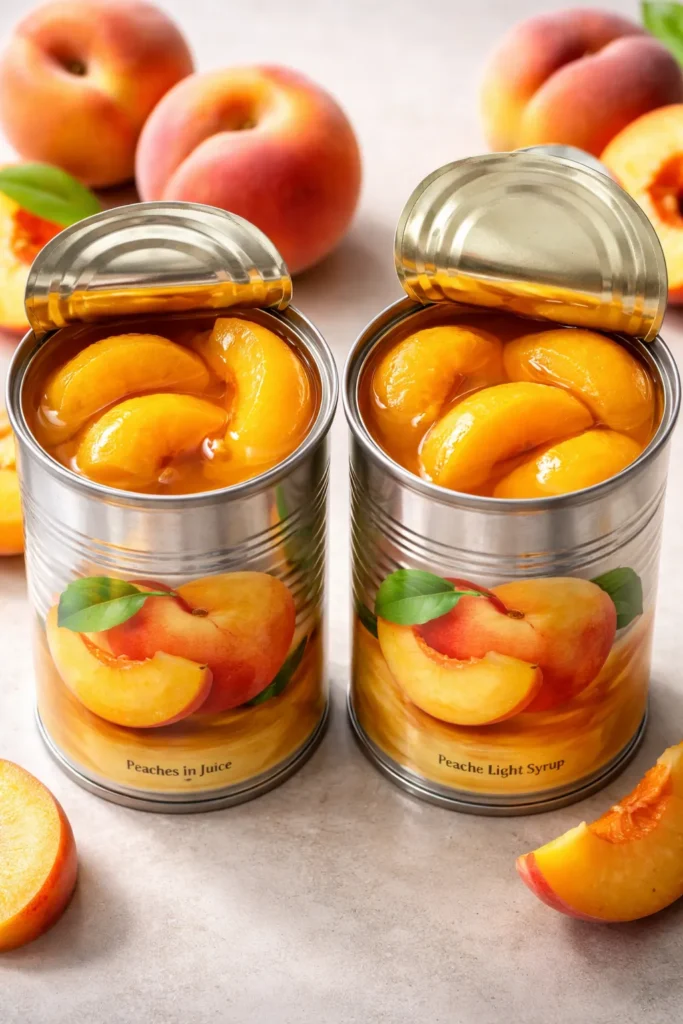 Two cans of peaches showing juice and syrup on a neutral surface