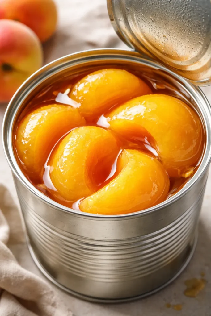 Close-up of glossy peach halves in syrup inside an open can on a neutral background