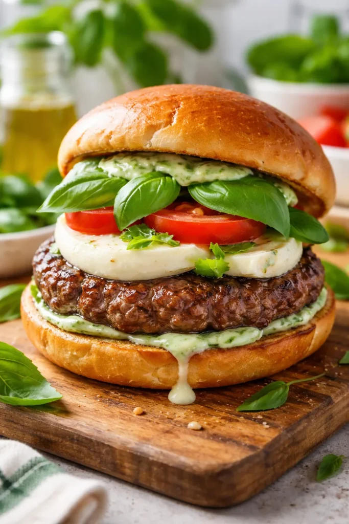 Caprese-inspired burger with mozzarella tomato and basil