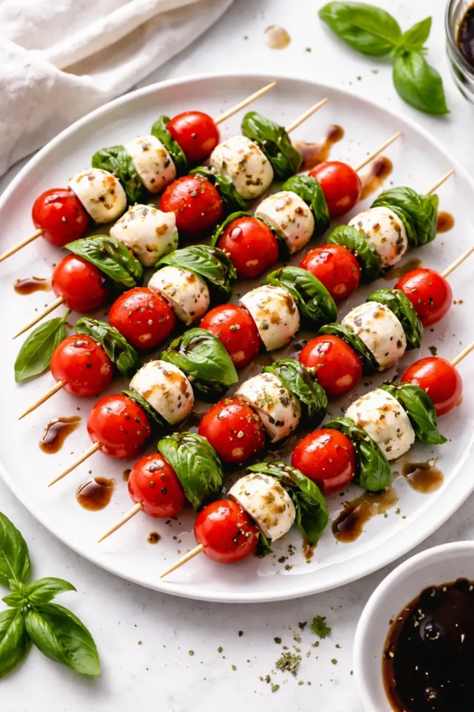Caprese skewers with mozzarella, tomato, basil on a plate.