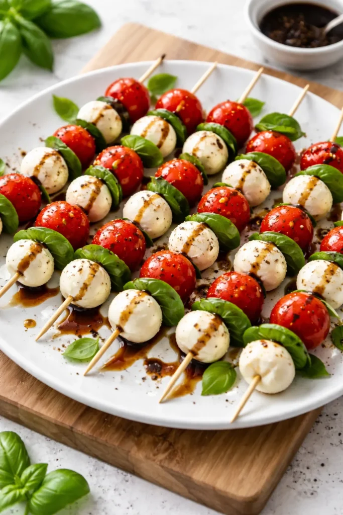 Caprese skewers with mozzarella basil tomatoes and balsamic glaze