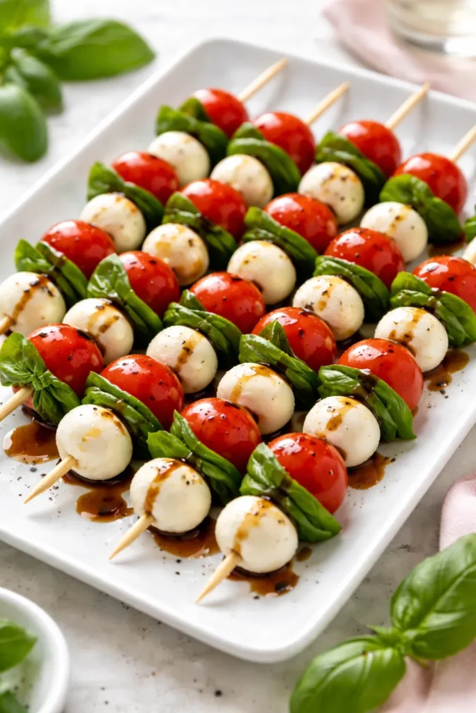 Caprese skewers on a platter with balsamic glaze