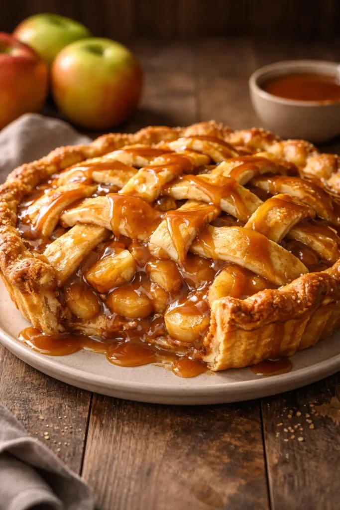 Caramel apple pie with caramel glaze on top on a plate