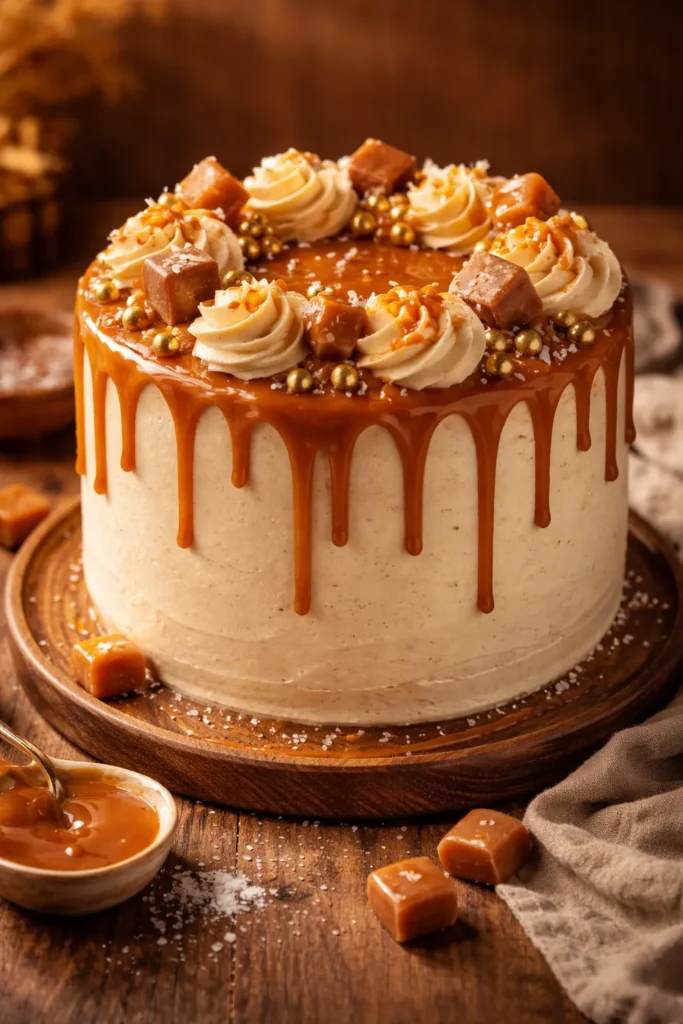 Caramel drip cake with caramel glaze and toppings