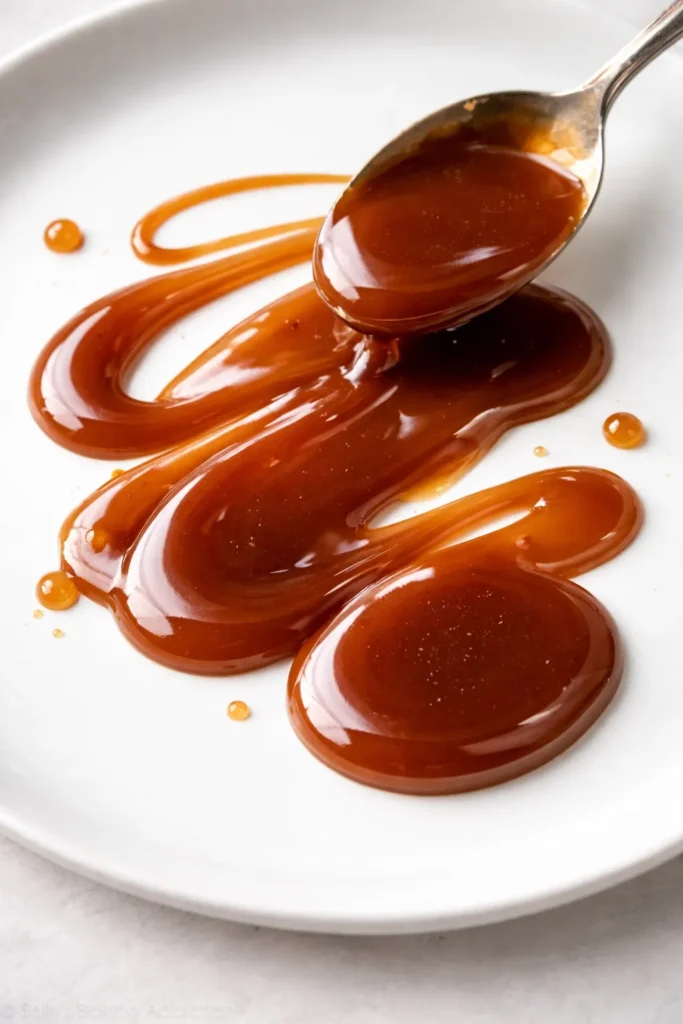 Rich caramel drizzle on a plain plate